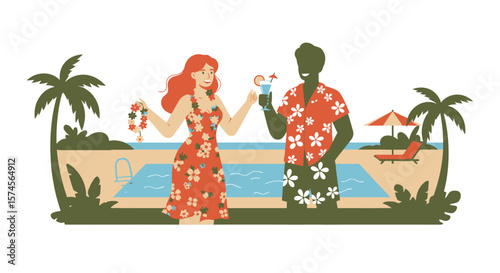Couple in Hawaiian Shirts Toasting with Cocktails by the Pool.