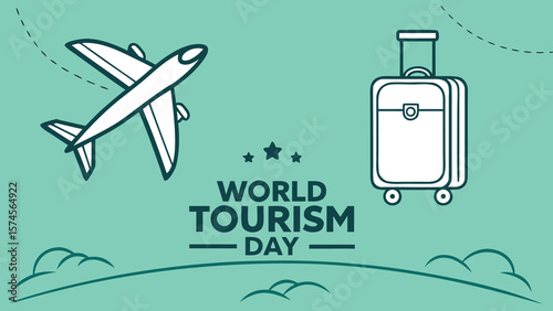 World Tourism Day:  A minimalist teal design featuring a stylized airplane and suitcase, conveying a cheerful and optimistic mood for travel and adventure.