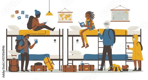 Diverse Group of Backpackers in a Hostel Dormitory with Bunk Beds.