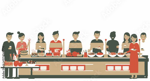 Diverse group of people at a buffet stylized illustration serving themselves food.
