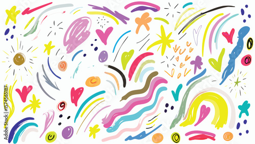 A colorful collection of hand drawn stars hearts rainbows and abstract shapes on a white background