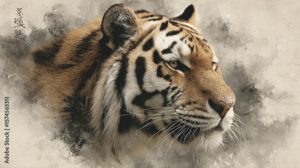 Obraz premium Majestic Tiger Portrait on Artistic Background with Brush Strokes