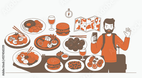 Illustrated Traveler with Food Man with Phone Map and International Cuisine.