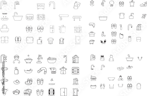 Bathroom Shower Bath Tub Taps Flip Flops Towels Toilet Sink Icons Black White Line Art Set