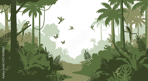 Lush Green Jungle Scene with Birds and Butterflies Illustration.