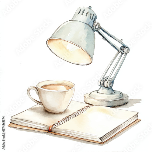 Watercolor depiction of a desk lamp coffee cup and open notebook