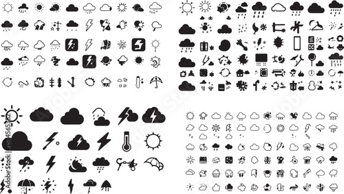 Black Weather Icons Set Sun Cloud Rain Lightning Thermometer Symbols Collection vector