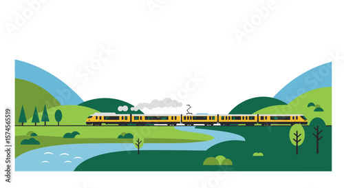 Modern Yellow Passenger Train with Multiple Cars on a Scenic Route.