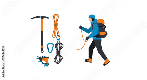 Mountaineering Equipment and Hiker Ice Axe Crampons Ropes and a Person with Backpack.
