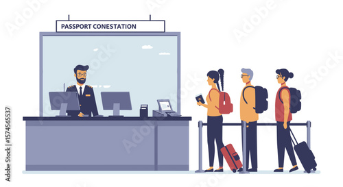 Passport Control Officer at Airport Immigration Checkpoint with Waiting Passengers.