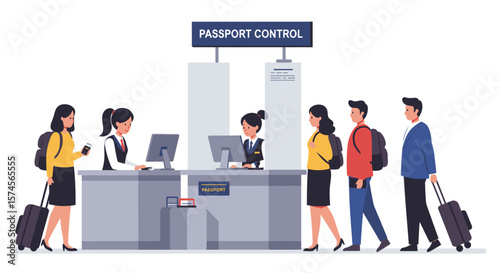 Passport Control Queue with Passengers and Airport Staff in Uniforms.