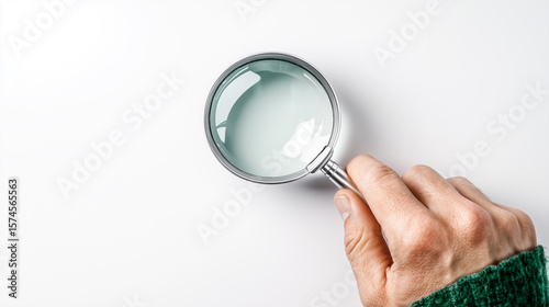 An elderly person's hand with a green sweater sleeve holds a magnifying glass, symbolizing wisdom, close inspection, scrutiny, and attention to fine detail