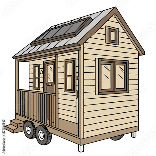 Illustration of a tiny house on wheels with a porch and a skylight on the roof design detail