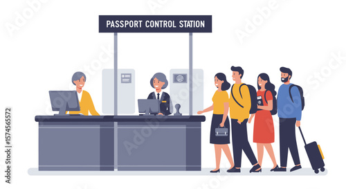 Passport Control Station with People Waiting in Line for Inspection.