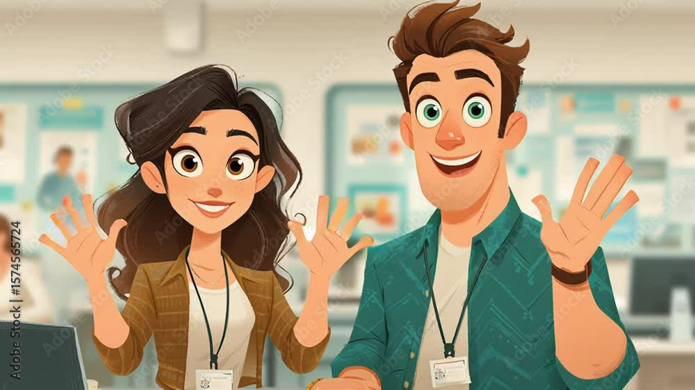 Vidéo Stock Animated young professionals waving and smiling in a modern ...