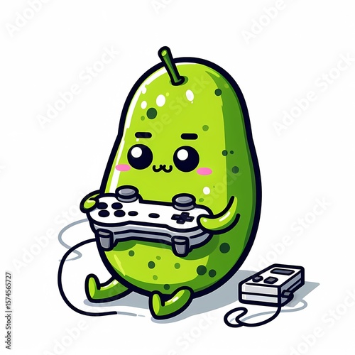 Cute Pear Character Playing Video Games with Controller