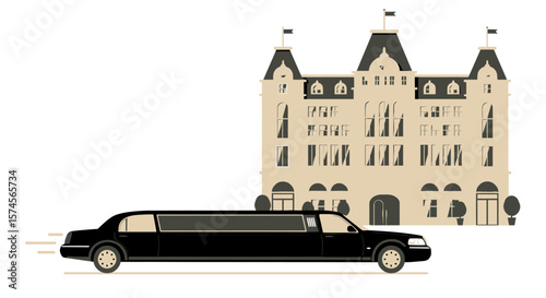 Sleek Black Limousine with Tinted Windows in Motion Vector Illustration.