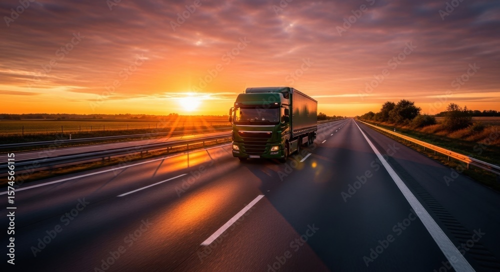 Green semi truck travels on highway. Sun rises on horizon creating orange glow over roadway. Transport drives to destination through European countryside