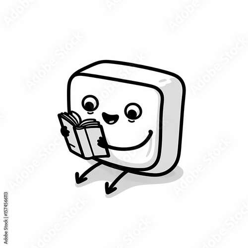 Cute Cartoon Character Reading a Book with Happy Expression