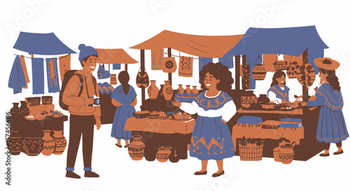 Vibrant Market Scene with Local Vendors and Tourist Featuring Traditional Crafts and Clothing.