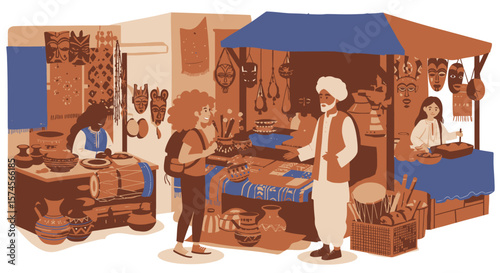 Vibrant Market Scene with Artisans and a Tourist Featuring Traditional Crafts.
