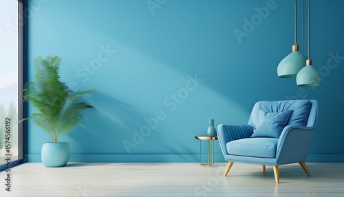 concept modern room with stylish armchair bright room interior mockup in blue trendy color empty room for mockup 3d rendering