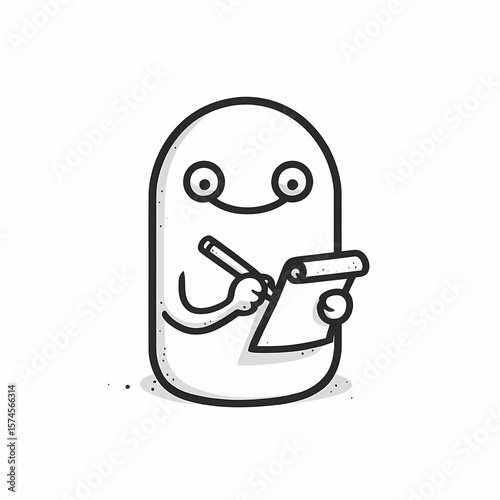 Cute Cartoon Character Writing on a Notepad with a Pencil