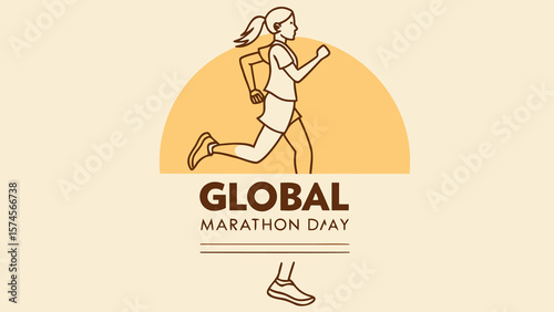 Minimalist Line Art Illustration: Woman Runner, Global Marathon Day Theme, Warm Tones, Uplifting and Active Mood, Perfect for Health and Fitness Campaigns, Websites, and Social Media.