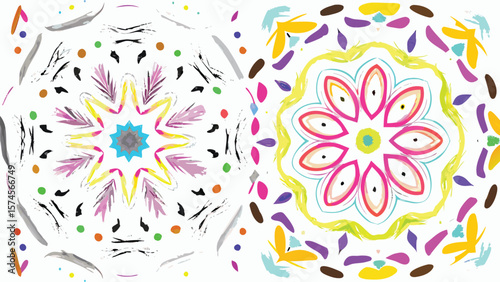 Two abstract floral designs with radial symmetry and vibrant colors on a white background are present