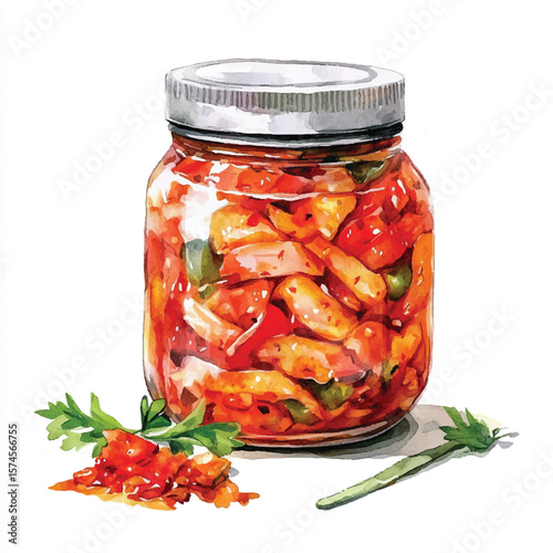Watercolor depiction of a jar of kimchi with fresh parsley garnish