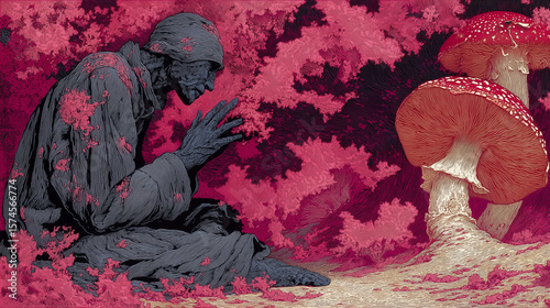 A gaunt, robed figure encounters giant toadstools in a magical forest with vibrant pink foliage. A surreal, painterly fantasy illustration.