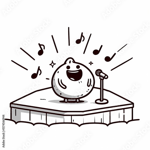 A Cheerful Cartoon Singing on a Stage with Musical Notes