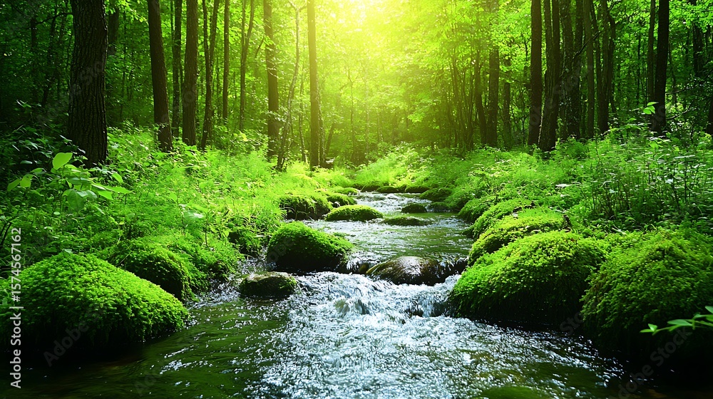 Obraz premium A forest stream flows through lush greenery.
