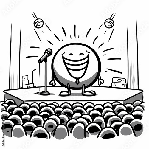 Smiling Character on Stage Performing Comedy with Audience