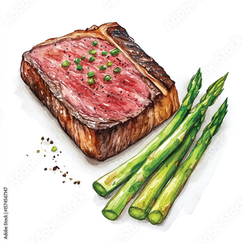 Watercolor depiction of a juicy steak with asparagus and peppercorns