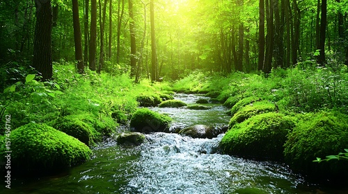 A forest stream flows through lush greenery.