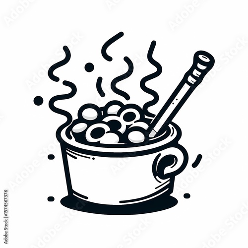 Illustration of a Boiling Pot with a Spoon, Black and White
