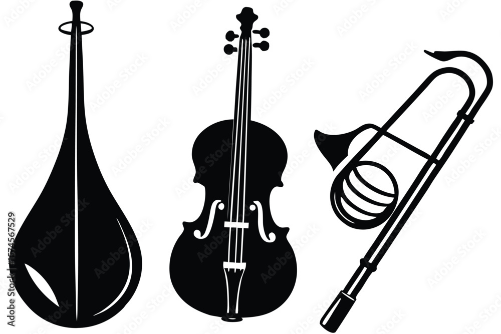 Fototapeta premium Silhouettes of a sitar cello and trombone on a white background