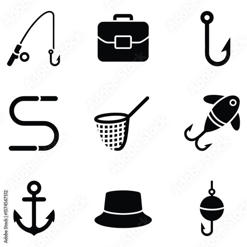 Fishing gear and accessories icons fishing rod fishing hook