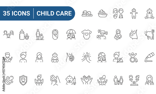 Set of line icons related to child care, international children day, kid rights, parenthood. Outline icon collection. Editable stroke. Vector illustration