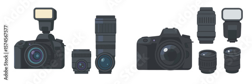 Various black cameras and lenses prepared for a photography session at a studio with artificial lighting