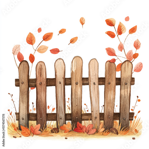 Watercolor depiction of a rustic wooden fence adorned with autumn leaves