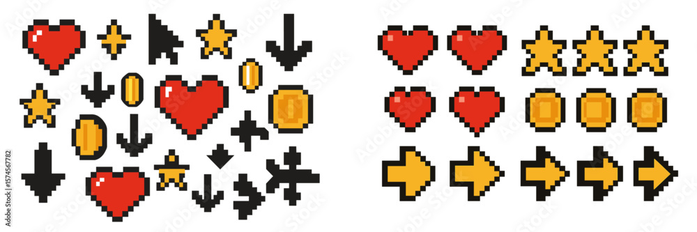 Obraz premium Colorful pixel art icons of hearts, coins, stars, and arrows designed for retro gaming and digital platforms
