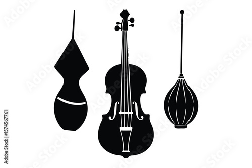 Stylized black silhouettes of a cello a candle holder and a unique vase