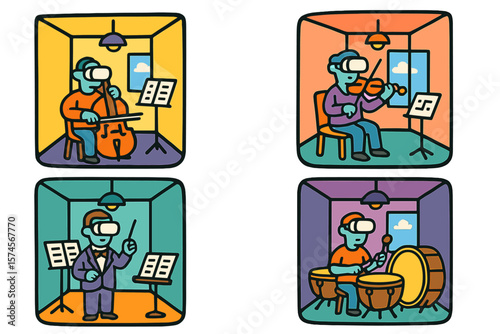 Musicians using virtual reality to practice their instruments in colorful, enclosed environments