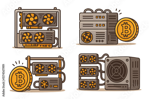 Bitcoin mining equipment and cryptocurrency depicted in a digital illustration showcasing hardware components