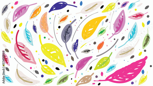 An artistic display of colorful leaves scattered across a white background in a playful arrangement