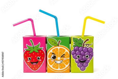 Fruit juice boxes strawberry orange grape healthy drink for kids on white background
