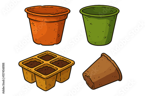 Various types of planting pots for gardening arranged together in vibrant colors and different shapes