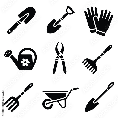 Gardening tools collection black silhouette shovel